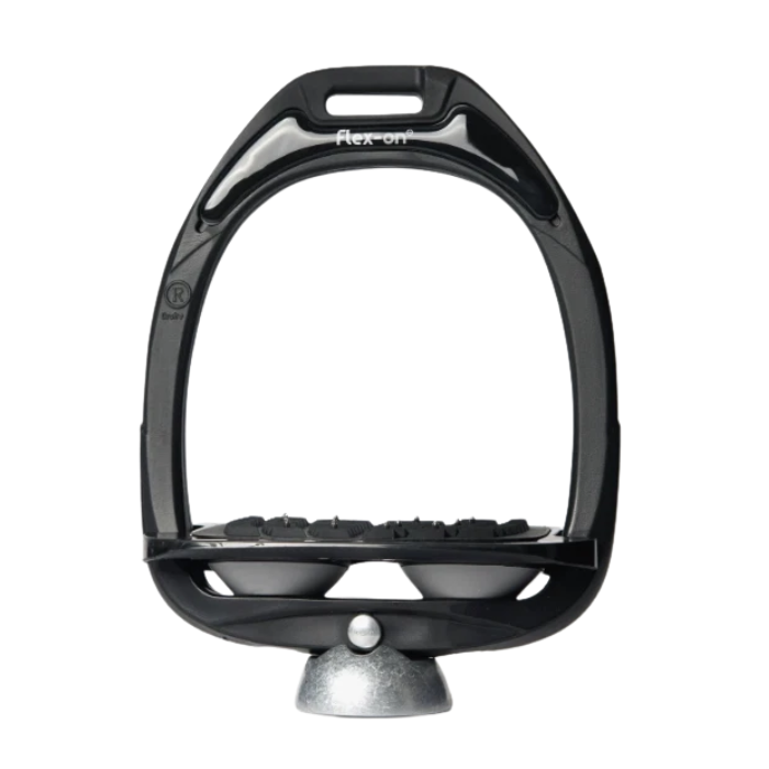 Black equestrian stirrup on a white background