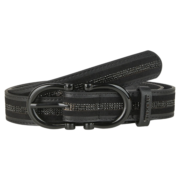 Pikeur Belt Selection Variant Black. A black leather belt with a textured woven pattern and a matte black metal buckle, shown coiled on a white background. The brand name 'PIKEUR' is embossed on the buckle keeper.