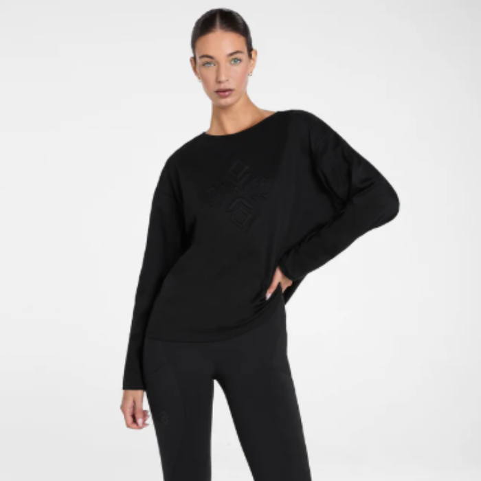 Person wearing a black sweater on a white background
