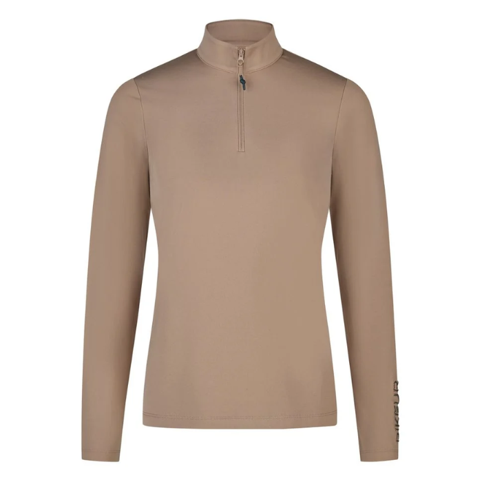 Pikeur AW26 Athleisure Zip Shirt Variant Mocca Cream. A women's long-sleeve quarter-zip pullover in a solid taupe-brown color, featuring a mock neck collar and a vertical brand logo on the left sleeve cuff, shown against a plain white background.