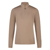 Pikeur AW26 Athleisure Zip Shirt Variant Mocca Cream. A women's long-sleeve quarter-zip pullover in a solid taupe-brown color, featuring a mock neck collar and a vertical brand logo on the left sleeve cuff, shown against a plain white background.