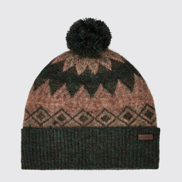 Dubarry Of Ireland Coolroe Bobble Hat Variant Olive Multi. A knit pom-pom beanie hat featuring a dark forest green and dusty rose geometric pattern, with a solid dark green ribbed cuff and a small brown leather brand patch.