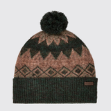 Dubarry Of Ireland Coolroe Bobble Hat Variant Olive Multi. A knit pom-pom beanie hat featuring a dark forest green and dusty rose geometric pattern, with a solid dark green ribbed cuff and a small brown leather brand patch.