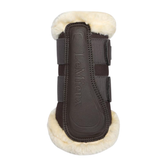 LeMieux AW26 Heritage Fleece Edged Brushing Boot Varient Cocoa. A LeMieux horse boot featuring dark brown protective panels and soft cream-colored fleece lining, shown against a plain white background.