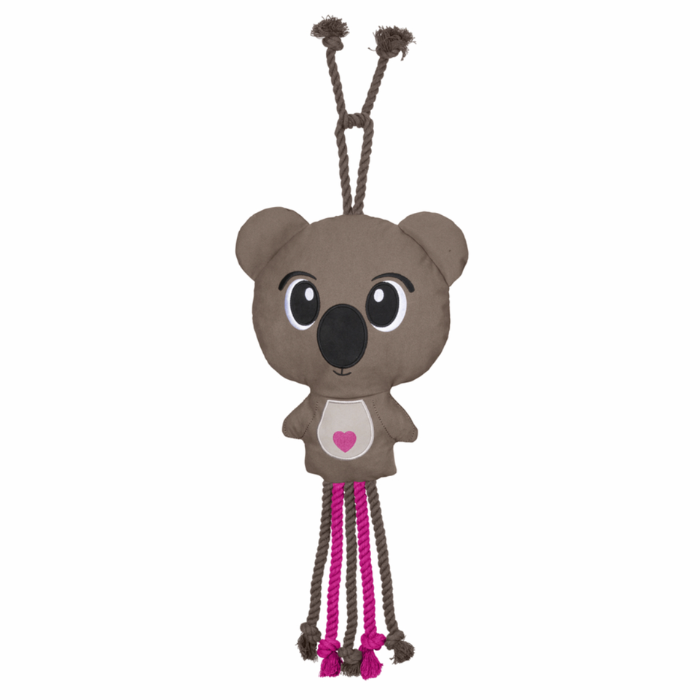 Panda horse toy with rope attachments against a white background. 