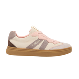 Sneaker with pink and brown design on a white background