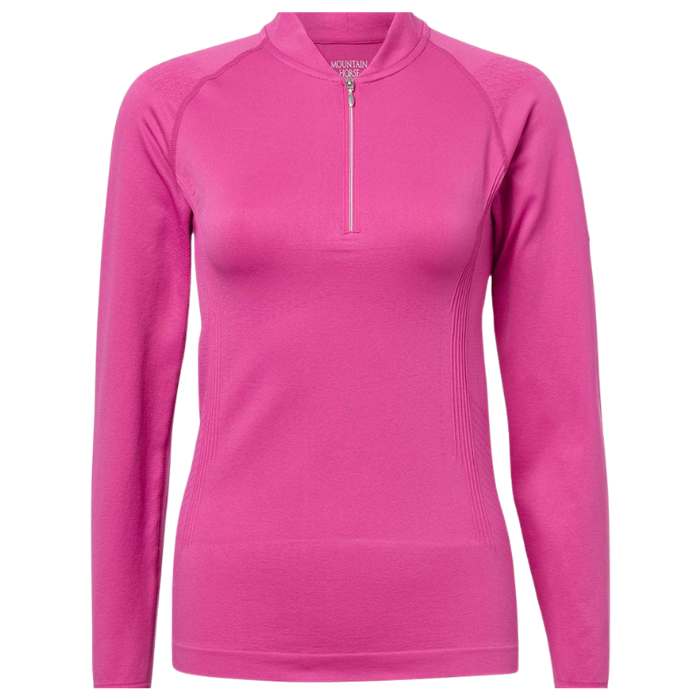 Pink long-sleeve athletic top with a quarter zip on a white background