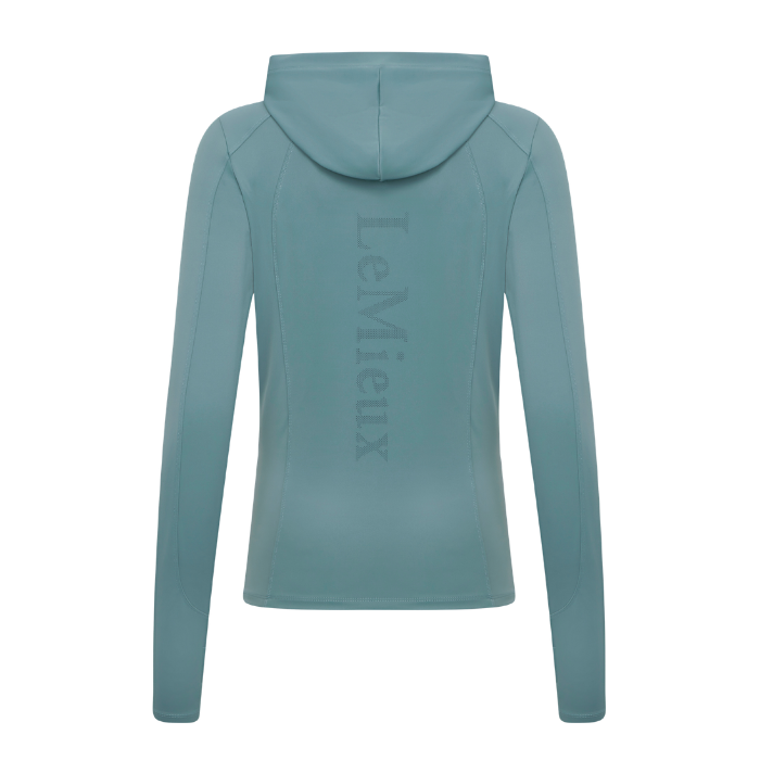 LeMieux AW26 Heidi Hooded Mid Layer Variant Colour Aloe.
A long-sleeve hooded athletic top shown from the back. The brand name 'LeMieux' is printed vertically in a matching colour on the back center.