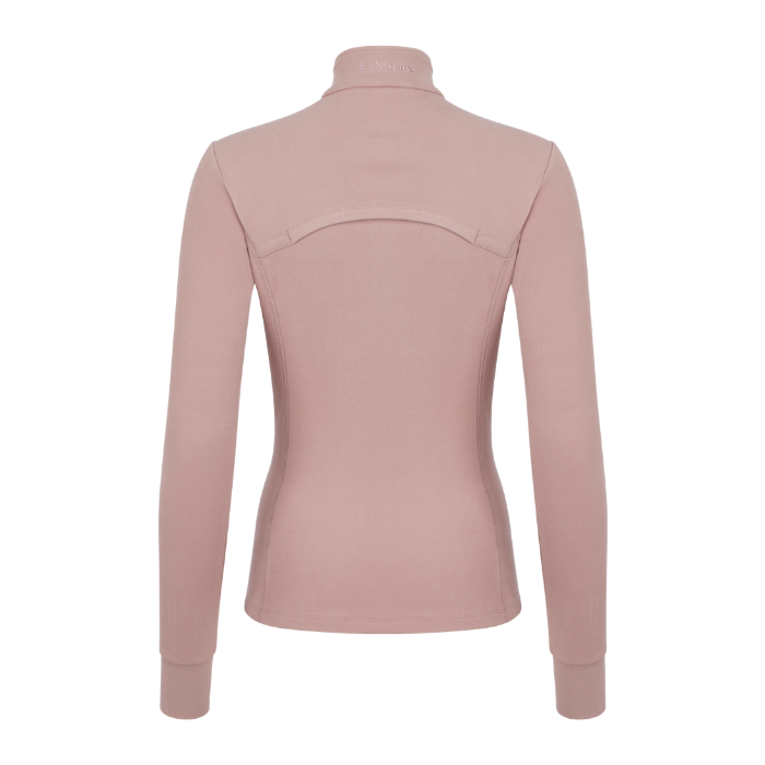 LeMieux AW26 Frances Quarter Zip Fleece Varient Wild Rose. A long-sleeve, high-neck compression top shown from the back, in a dusty rose pink color, displayed on a clean white background.