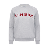 LeMieux AW26 Vida Varsity Crew Neck Sweat Variant Colour Grey Marl.
A heather crewneck sweatshirt with 'LEMIEUX' printed across the chest in red arched lettering, shown on a plain white background.