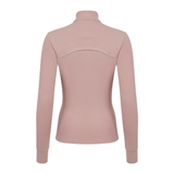 LeMieux AW26 Frances Quarter Zip Fleece Varient Wild Rose. A long-sleeve, high-neck compression top shown from the back, in a dusty rose pink color, displayed on a clean white background.