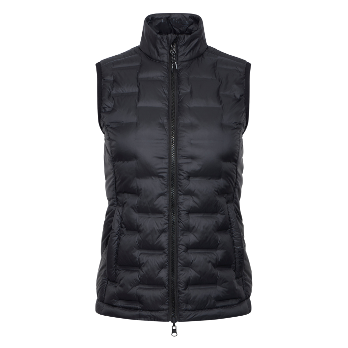 LeMieux AW26 Brooke 3 in 1 Waterproof Hybrid Jacket Varient Black. A black sleeveless puffer vest with a high stand-up collar and front zipper, shown against a plain white background.