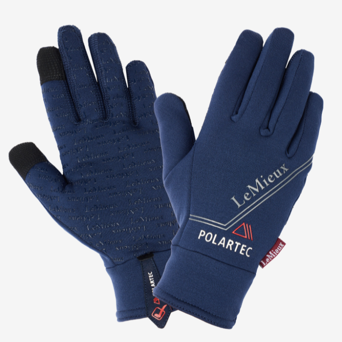 LeMieux AW26 Polartec Gloves Varient Navy. Navy gloves with visible grips on the inside and LeMieux detailing. 