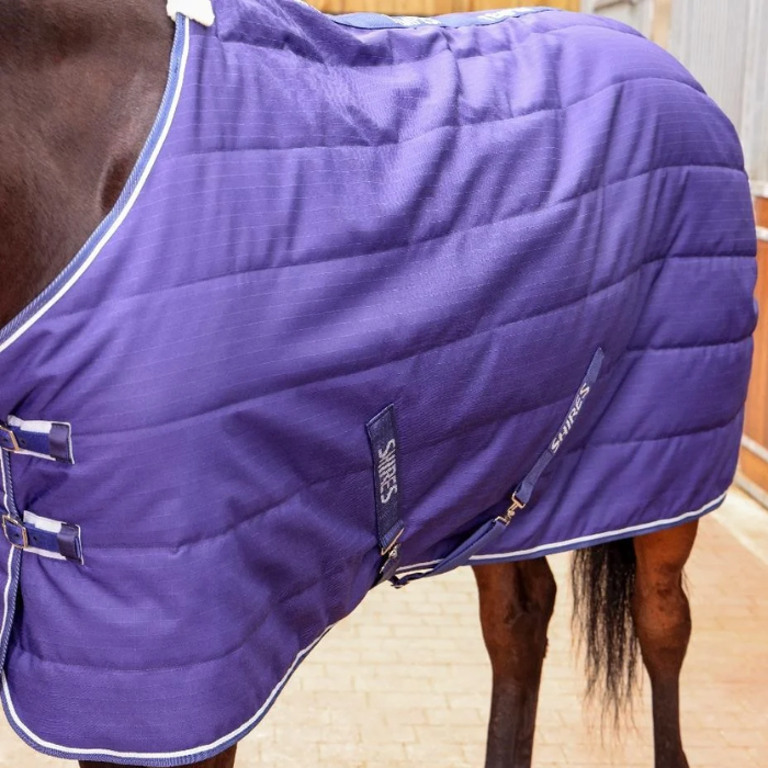 A close-up of a horse wearing a purple quilted horse blanket with white piping and silver buckles. The brand name 'SHIRES' is visible on a dark blue label sewn onto the side of the blanket.