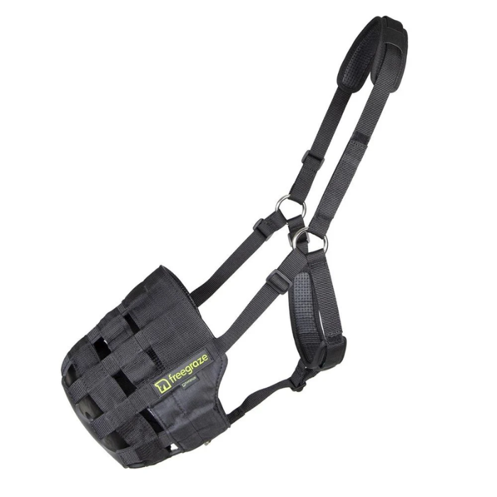 Black horse muzzle with adjustable straps on a white background