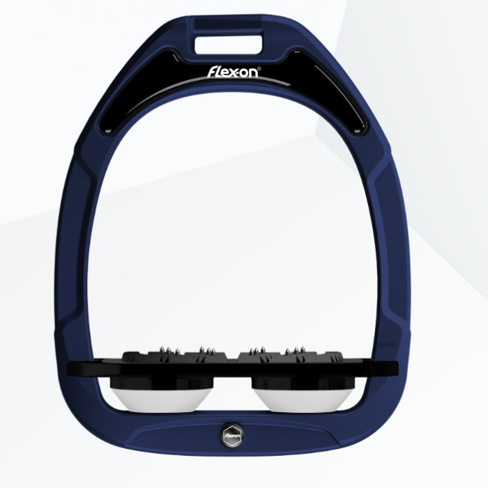 Blue equestrian stirrup with Flexon branding on a white background