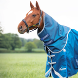 A brown horse standing in a grassy field wearing a blue horse turnout blanket with a matching neck cover. The blanket has white trim and branding patches including 'SHIRES' and 'HIGHLANDER'.