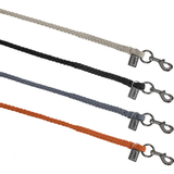 Four braided rope dog leashes in light gray, black, slate blue, and rust orange, each with a dark metal swivel snap hook and a small branded tag, shown on a white background.