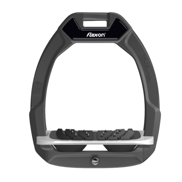 Gray equestrian stirrup with 'flexon' branding on a white background