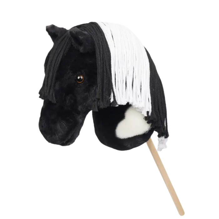Plush horse head with black and white mane on a stick against a white background