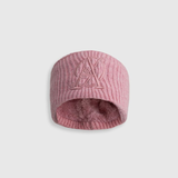 Pink knit beanie with a logo on a light gray background