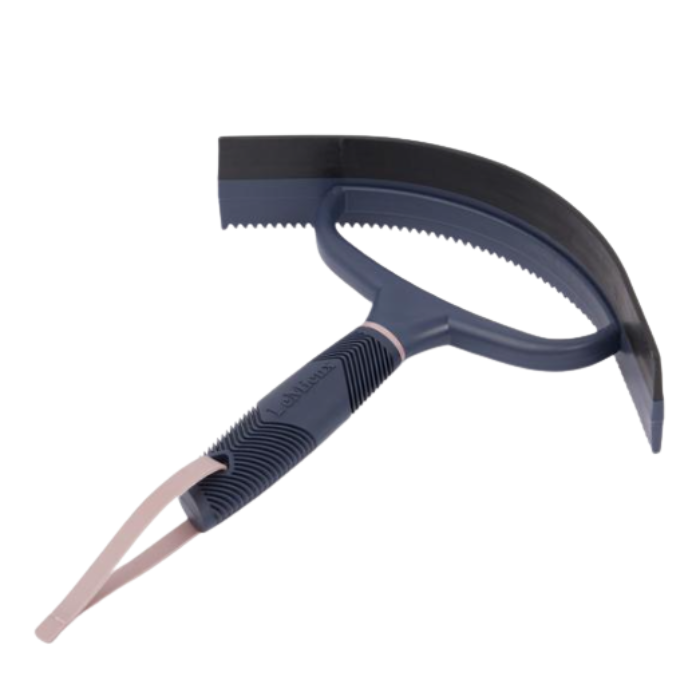 LeMieux AW26 Sweat Scraper Varient Navy. A dark blue and black sweat scraper  with a pink leather loop on the handle, shown against a plain white background.