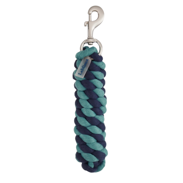 LeMieux AW26 Polycotton Leadrope Varient Aloe/Navy. Navy/Aloe twisted leadrope with LeMieux lable and silver clip.
