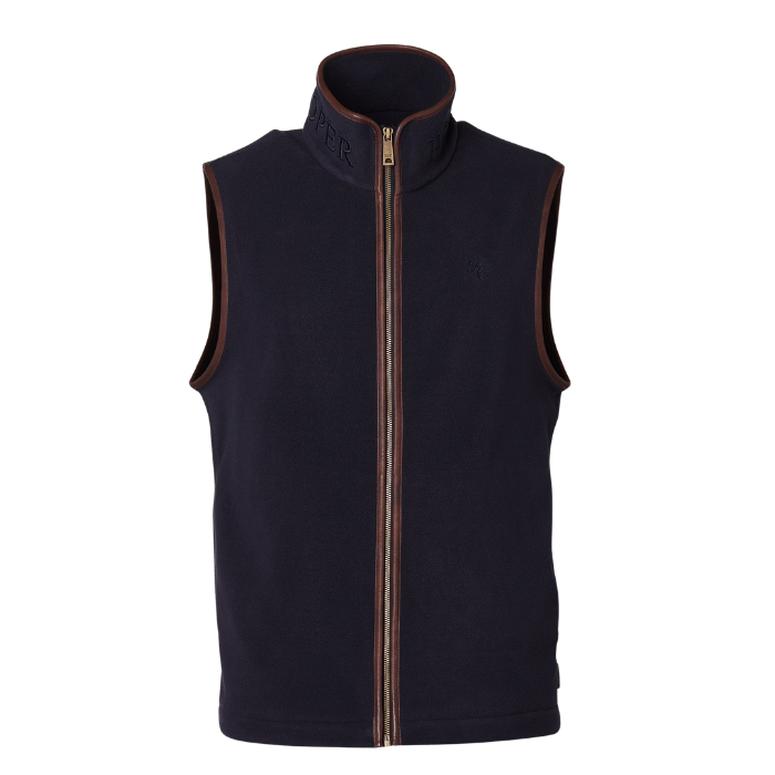 Holland Cooper Country Fleece Gilet (Men's) Variant Ink Navy. A dark navy fleece vest with brown trim and a gold zipper, shown against a plain white background.