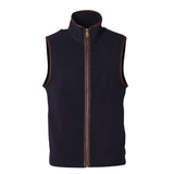Holland Cooper Country Fleece Gilet (Men's) Variant Ink Navy. A dark navy fleece vest with brown trim and a gold zipper, shown against a plain white background.