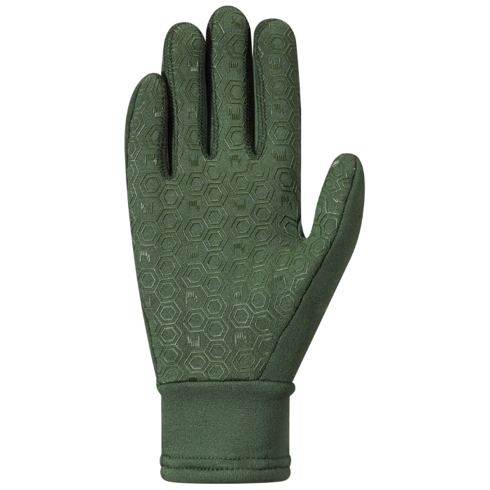 Roeckl Warwick 2 Jnr Variant Kombu Green. An olive green insulated glove with a textured, embossed hexagonal grip pattern on the back of the hand, shown against a plain white background.