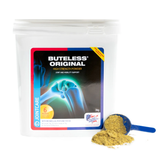 Equine America Buteless Original High Strengh Powder Variant 3Kg. A white plastic tub of Buteless Original High Strength Powder joint and mobility support, shown with a blue scoop filled with the yellow-brown powder and a small pile of the powder on a white background.