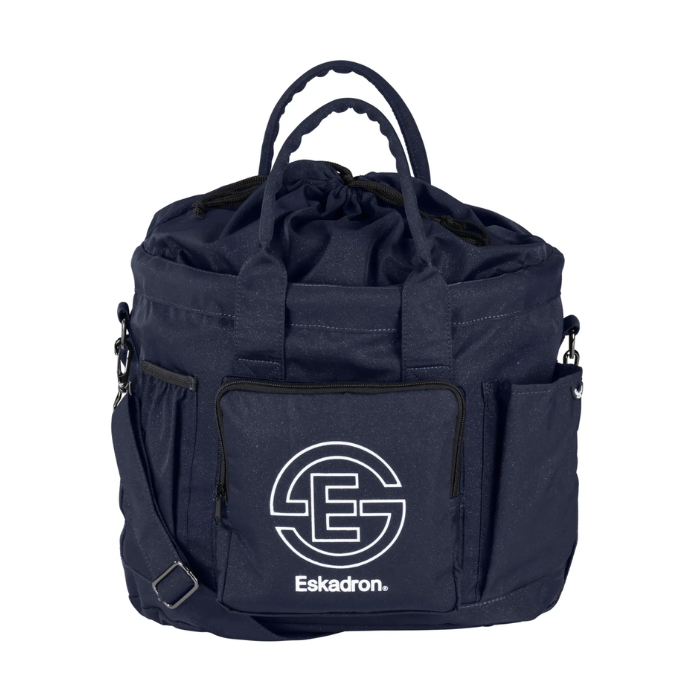 Navy horse grooming bag with two handles and a white Eskadron label against a white background. 
