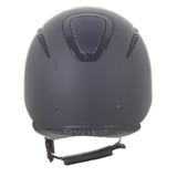 Matte Navy Evoke equestrian riding helmet shown from the back, featuring a carbon fiber vent on top and the Evoke brand name on the lower rear. Evoke Elara Riding Hat Varient Navy Carbon
