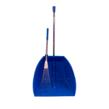 Blue dustpan with a metal handle and attached brush on a white background