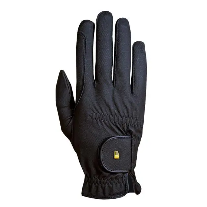 Black riding glove with a small gold logo on a velcro strap shown on a white background. 