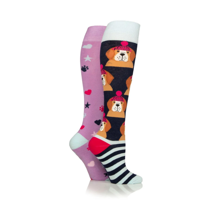 Two pairs of colorful knee-high socks with animal patterns on a white background