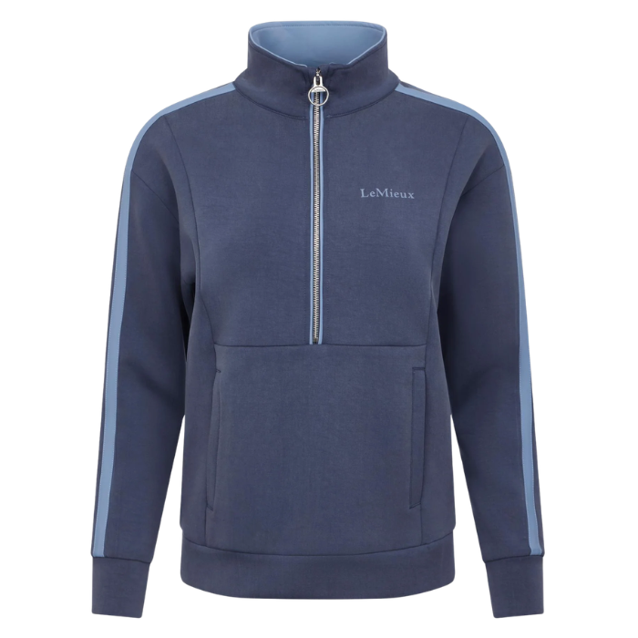 Blue half zip sweater with blue stripes 'LeMieux' on white background
