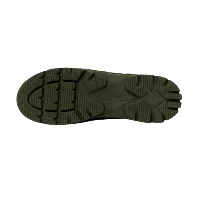 LeMieux AW26 Mens Bramshaw Welly Varient Olive. A top-down view of a dark olive green shoe sole, showing the tread pattern and embossed 'LeMieux' brand name, on a solid white background.
