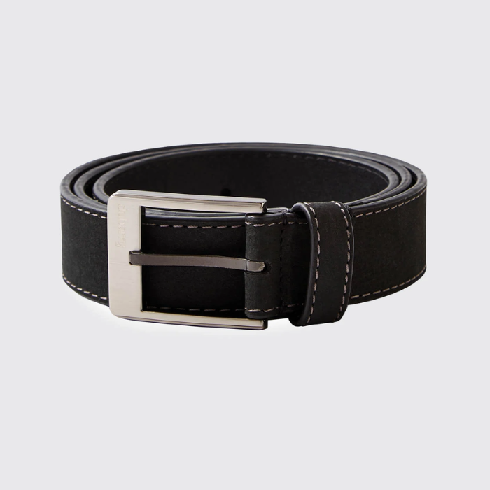 A Black leather belf with a silver buckle and White stitching. 