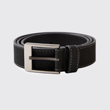 A Black leather belf with a silver buckle and White stitching. 