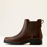 Ariat Langley H20 Variant Tobacco Brown. A dark brown leather Chelsea boot with a black sole, shown in a side profile against a light cream background.