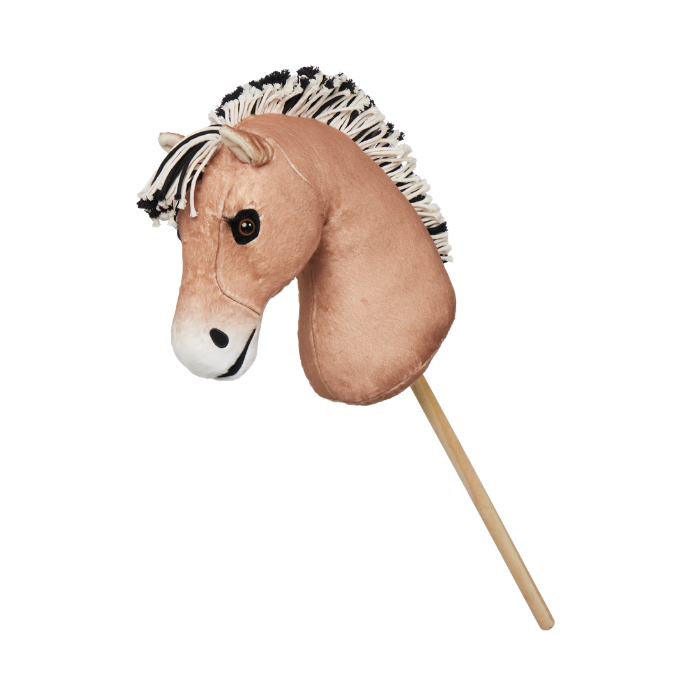 LeMieux AW26 Hobby Horse Oskar Variant Colour Brown.
A plush horse head toy mounted on a wooden stick, featuring a light tan body, a black and white wool mane, and a white muzzle with a black nose.