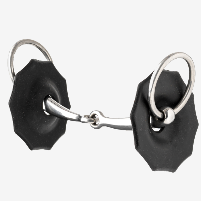 Horse bit with black rubber rings on white background