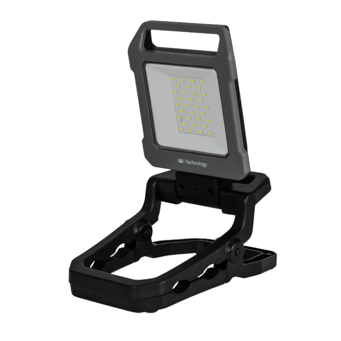 A black LED work light with a clip-on stand, shown on a solid white background. The brand name 'Technology' is visible on the front of the light housing.