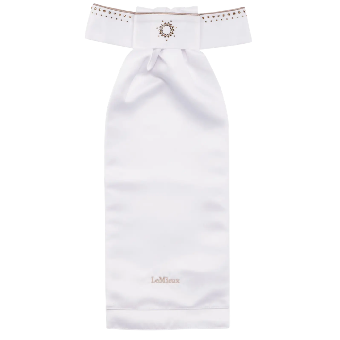 White equine stock tie with brown crystals on white background