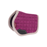 LeMieux AW26 Toy Pony Pad Variant Colour Blackberry.
A toy quilted equestrian saddle pad in  blackberry colour with a beige border and a black leather accent, shown on a plain white background. The brand 'LeMieux' is visible on a small red tag.