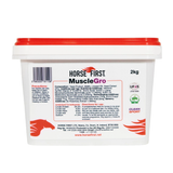 White container of Horse First MuscleGro with red lid on a white background
