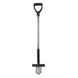 A garden hand fork with a long silver metal shaft, a black plastic D-handle, and dark brown metal tines, shown against a plain white background.