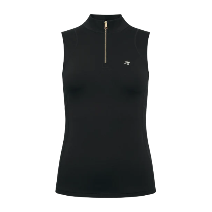Black sleeveless zip-up top on a white background