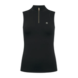 Black sleeveless zip-up top on a white background